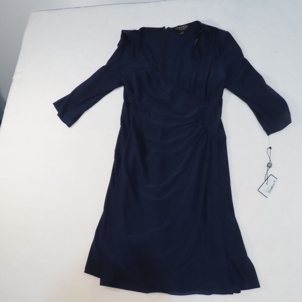 NWT Laundry by Shelli Segal Navy Faux Wrap Dress Size M Ruched Waist 3/4 Sleeve